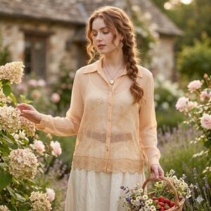 Vintage ICE Silk Embroidered Beaded Top L Sheer Ethereal Fairy Cottagecore